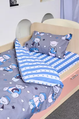 Постельное белье детское поплин с простыней на резинке - Мишки, цвет синий