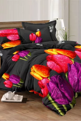 Постельное белье поплин эксклюзив - Тюльпаны на черном